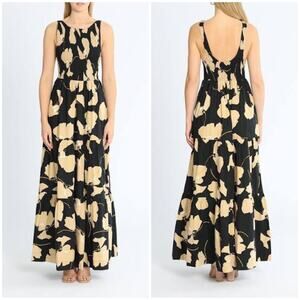 S/W/F Hire Low Back Shirred Maxi Dress Black Beige Floral
